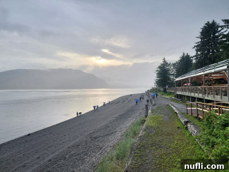 A view looking down the beach at Icy Strait Point, with people strolling along under grey skies, and buildings dotting the shoreline.