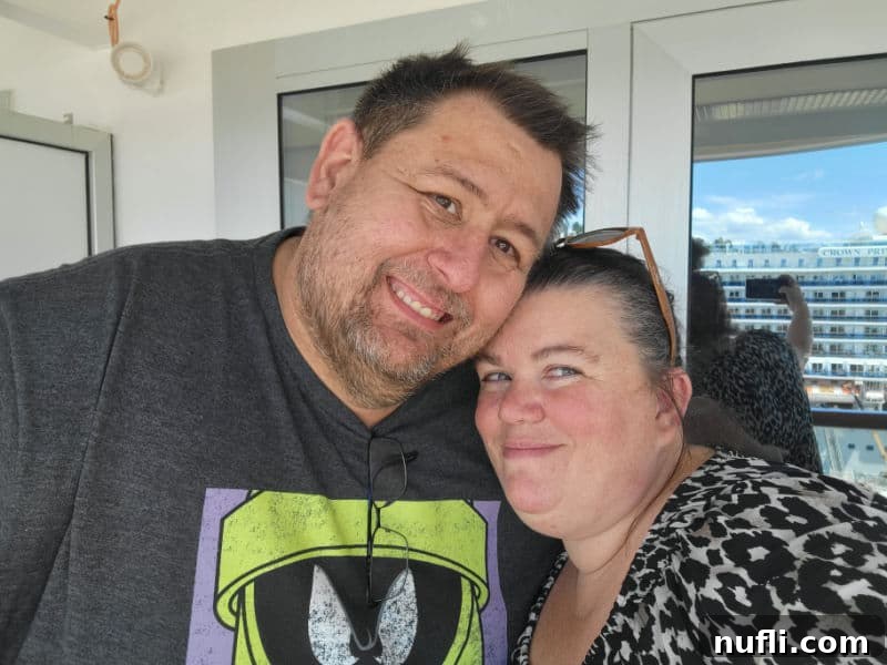 John and Tammilee on a cruise ship balcony. 