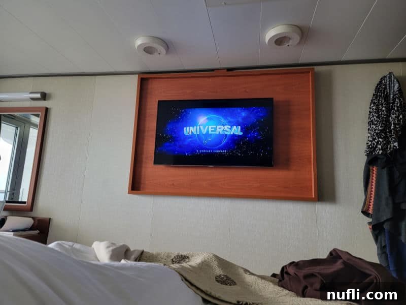 flatscreen tv on the wall of the stateroom 