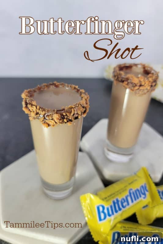 Butterfinger Bliss Shot 2 Butterfinger Shot text over two shots with chocolate rimmed glass sitting on coasters with Butterfinger candy
