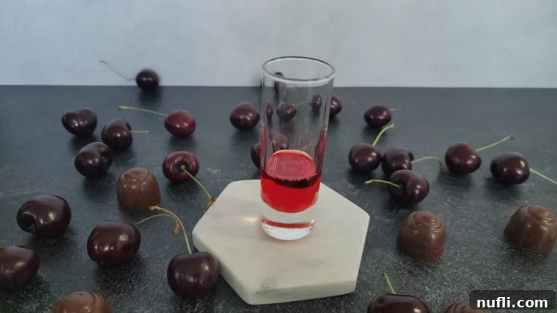 A shot glass with a vibrant red layer of grenadine settled at the bottom, placed on a white coaster and surrounded by chocolate-covered cherries.