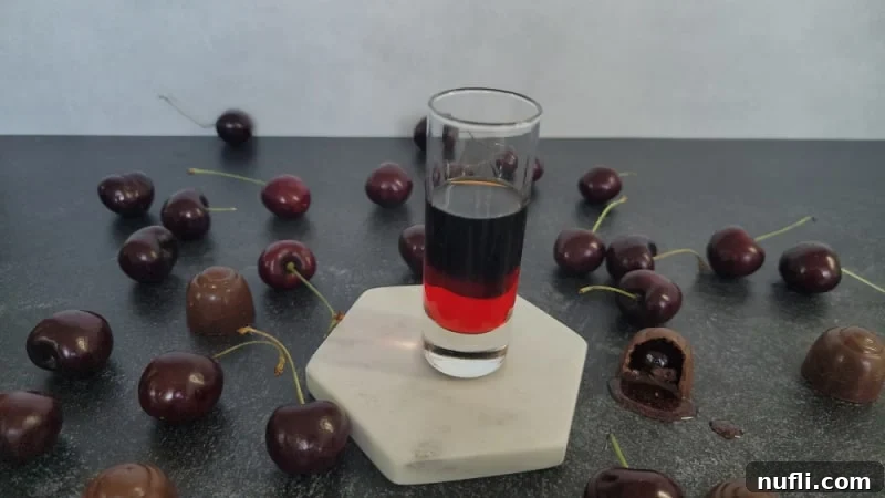 A shot glass displaying two clear layers: red grenadine at the base and a dark Kahlua layer floating above it, with chocolate-covered cherries nearby.