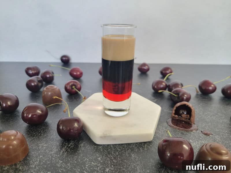 A perfectly layered shot in a glass with three distinct layers: red, brown, and cream, beautifully presented alongside chocolate-covered cherries.