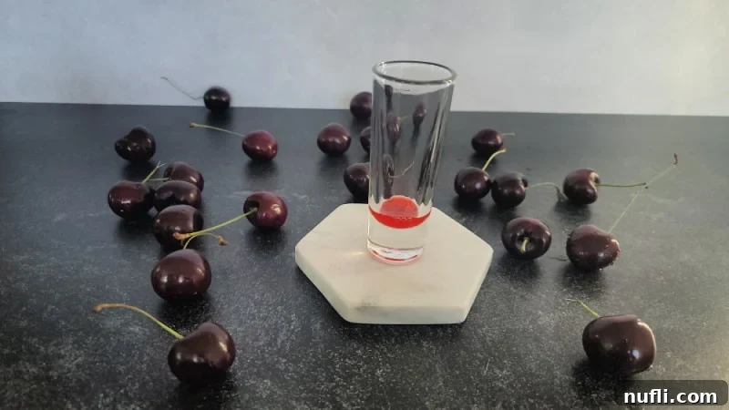 A shot glass filled with a red liquid, surrounded by fresh, vibrant cherries on a white background.