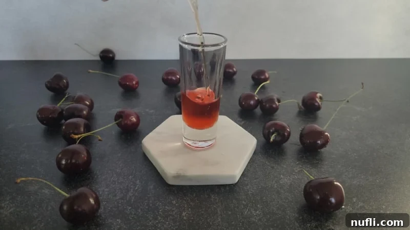 Red grenadine syrup being poured into a shot glass on a white coaster, surrounded by fresh cherries.