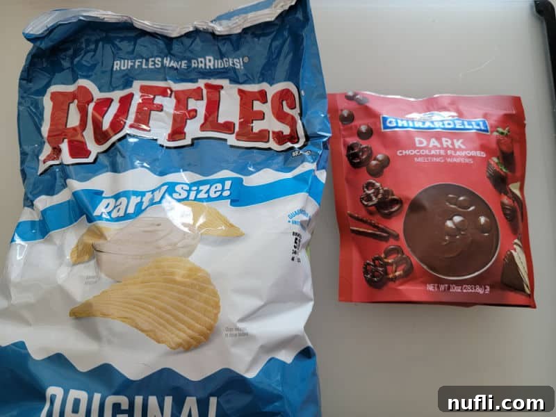 A simple array of ingredients: a bag of Ruffles Potato Chips and Ghirardelli Dark Chocolate candy coating, ready to be transformed into gourmet chocolate covered chips.