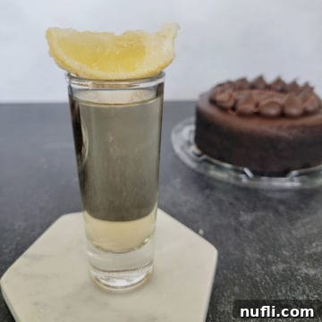 A close-up of a Chocolate Cake Shot with a lemon garnish, suggesting a delightful dessert experience.