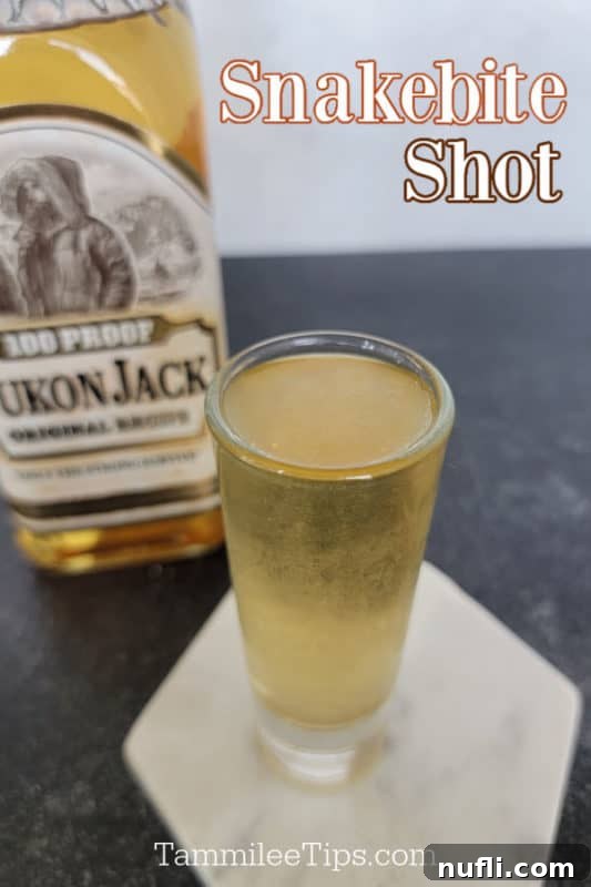 Classic Snakebite Shot served in a shot glass on a white coaster, next to a bottle of Yukon Jack liqueur.