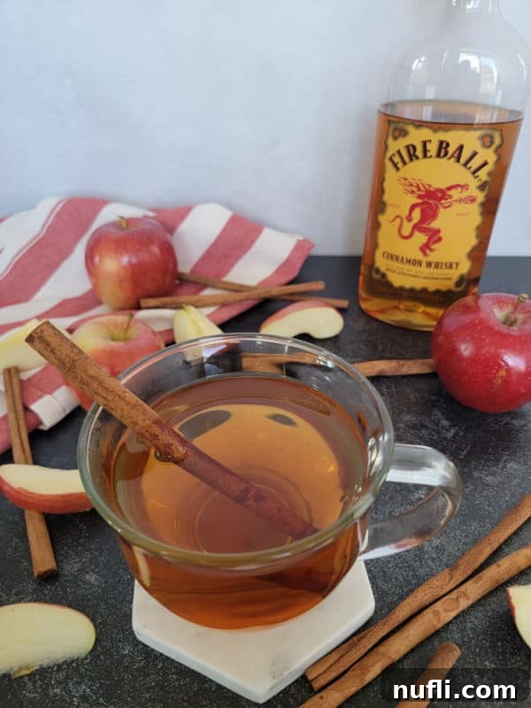 Ultimate Fireball Apple Cider 7 Apple cider fireball cocktail in a glass coffee mug with a cinnamon stick next to red apples, a cloth napkin, and bottle of fireball