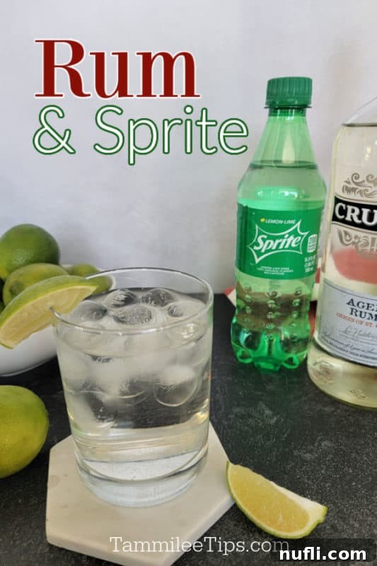 Rum and Sprite over a cocktail glass on a white coaster, bowl of limes, and a bottle of Sprite and Aged Rum