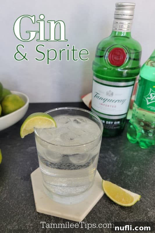 Gin and Sprite above a cocktail glass, a bottle of Tanqueray Gin and Sprite