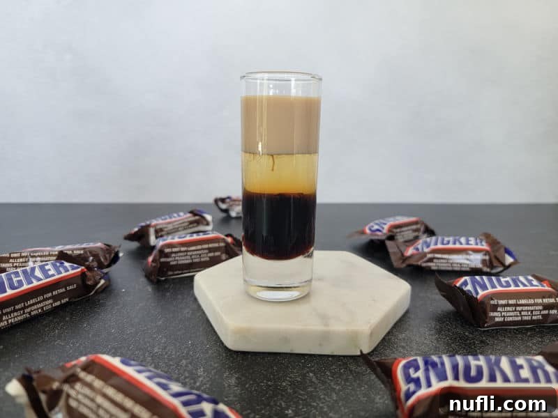 Finished layered Snickers Shot presented on a white coaster, surrounded by Snickers Chocolate Bars, emphasizing the final delicious product.