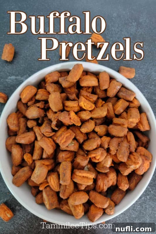 Buffalo Pretzels over a white bowl filled with pretzels