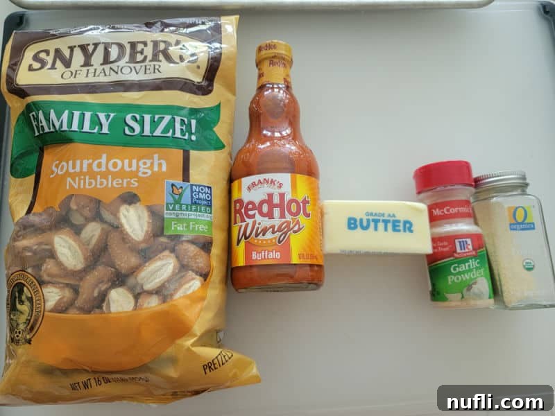 Buffalo Pretzel ingredients, sourdough pretzels, franks red hot sauce, butter, garlic powder, onion powder