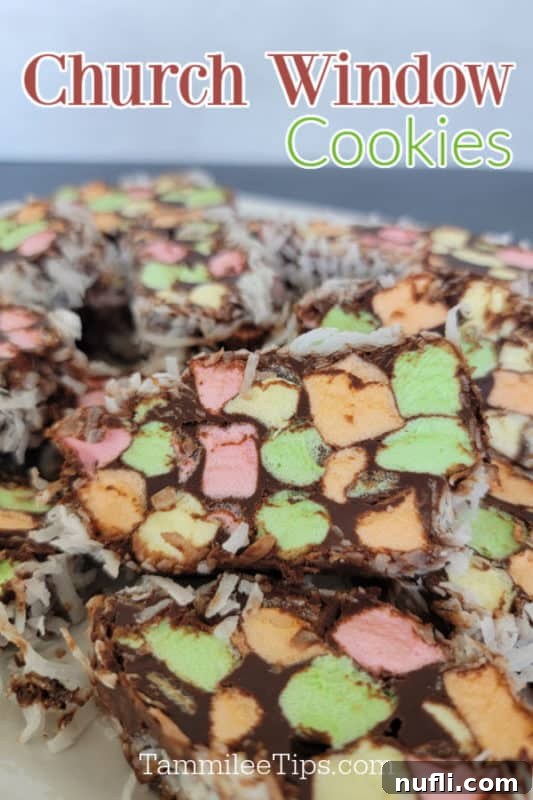 Church Window Cookies: A Visual Recipe Guide 2 Church Window Cookies text printed over a white platter of no bake church window cookies coated in coconut