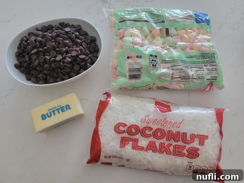 No Bake Church Window Cookies ingredients, chocolate chips, rainbow marshmallows, unsalted butter, and sweetened coconut flakes