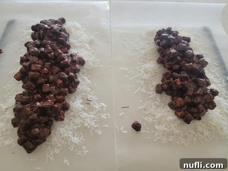 Church Window Cookies: A Visual Recipe Guide 7 chocolate coated marshmallows spread down two lines of shredded coconut for no bake church window cookies