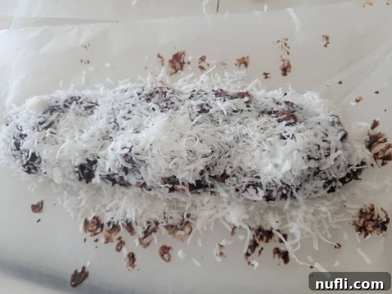 Church Window Cookies: A Visual Recipe Guide 8 Coconut covering chocolate and marshmallows in a log shape for no bake church window cookies on parchment paper.