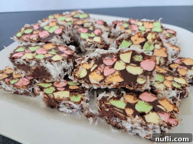 Church Window Cookies: A Visual Recipe Guide 10 sliced no bake church window cookies coated in coconut on a white platter