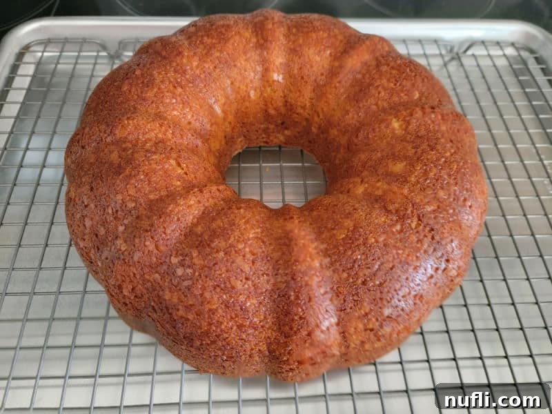 A freshly baked Apple Cider Donut Cake resting on a wire cooling rack after being removed from the Bundt pan, allowing air circulation for even cooling.