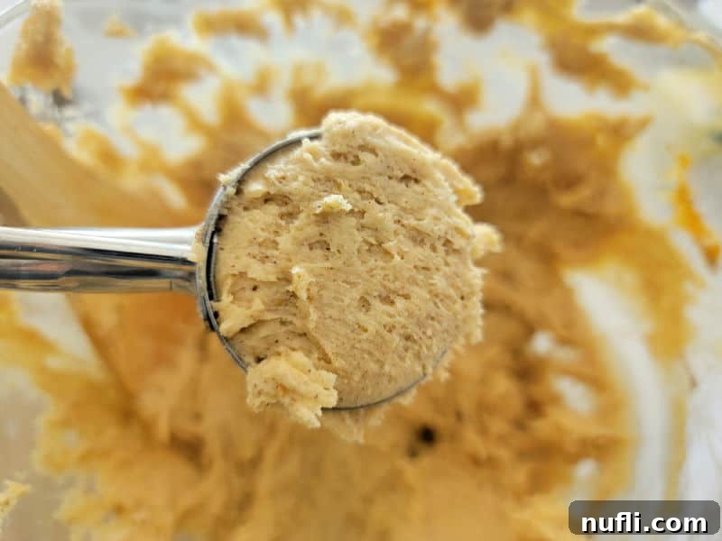 Cookie scoop with pumpkin snickerdoodle cookie dough over a bowl