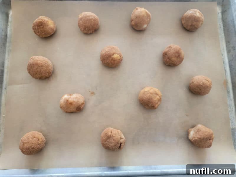 Rows of raw apple cider cookie dough balls, coated in cinnamon sugar, neatly arranged on a parchment-lined baking sheet, ready for the oven.