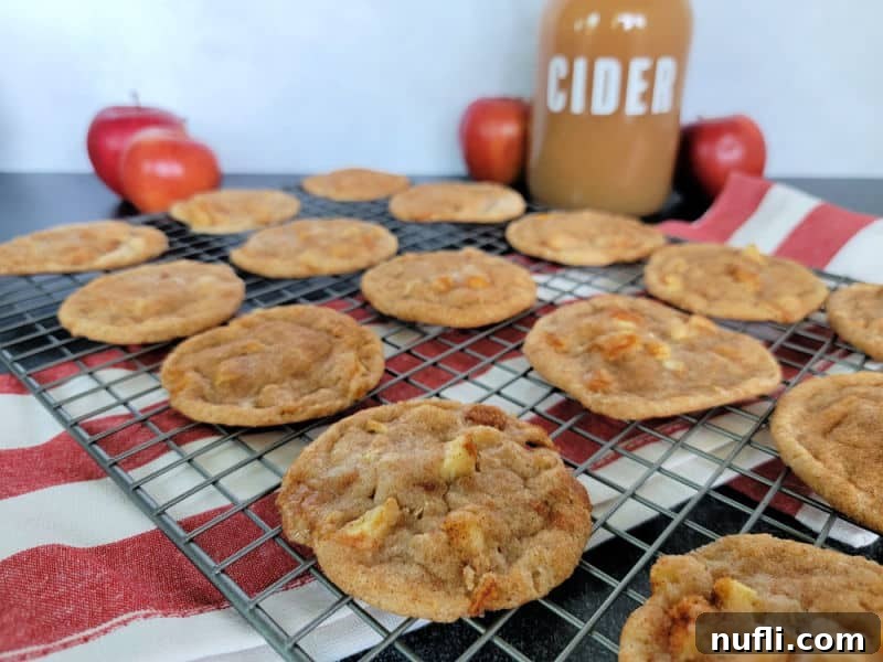 A delightful arrangement of Apple Cider Cookies on a wire rack, set against a backdrop of a festive red striped cloth napkin, a jug of fresh apple cider, and whole apples, showcasing a perfect fall treat.
