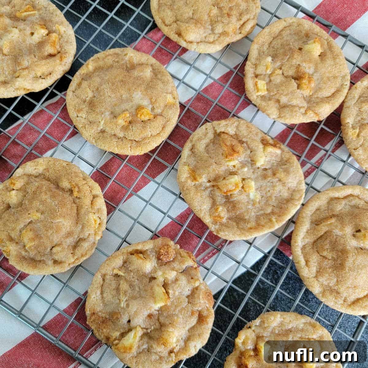 A close-up view of two delicious Apple Cider Cookies on a wire rack, positioned above a red striped cloth napkin, showcasing their perfectly baked texture and inviting autumn appeal.