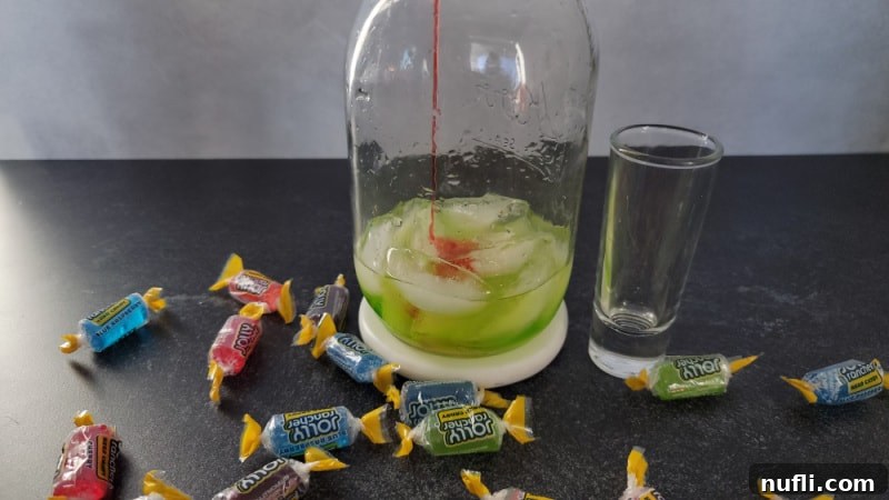 grenadine pouring into jolly rancher shot in cocktail shaker surrounded by jolly rancher candies