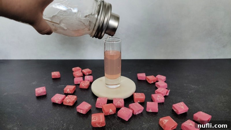 Pink Starburst Shots and Cocktails 5 mason jar cocktail shaker pouring a pink starburst shot into a shot glass