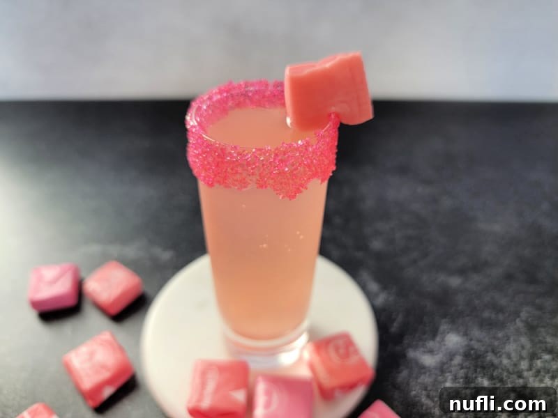 Pink Starburst Shots and Cocktails 6 pink starburst shot garnished with a starburst candy on a white coaster