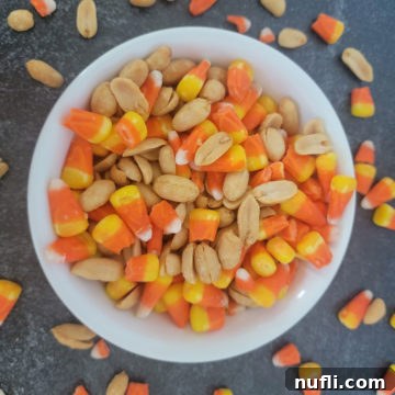 Sweet & Salty Autumn Blend 6 Candy corn and peanuts in a white bowl