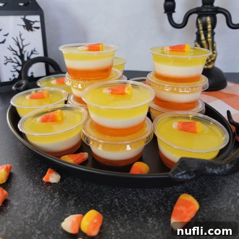Festive Candy Corn Jello Shooters 2 Layered Candy Corn Jello Shots on a black platter with a lantern in the background and candy corn