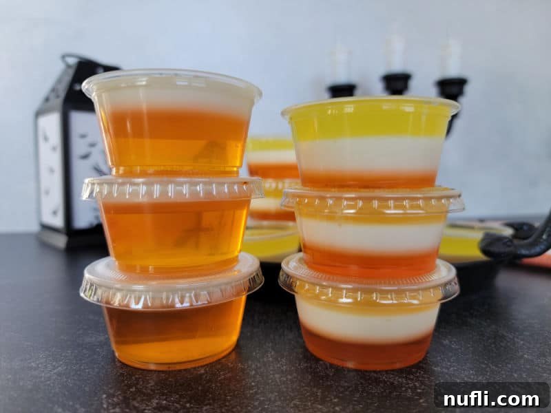 Festive Candy Corn Jello Shooters 6 Two different layered Candy Corn Jello Shots in a stack next to each other