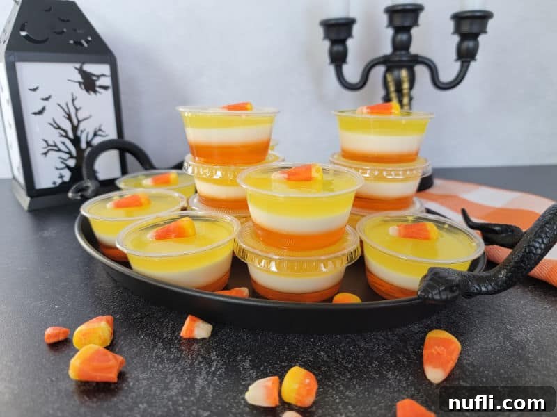 Festive Candy Corn Jello Shooters 7 Layered Candy Corn Jello Shots in plastic cups on a black tray next to a lantern and candy corn candies