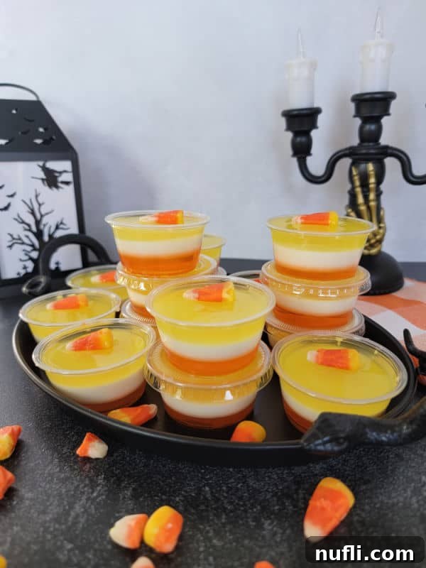 Festive Candy Corn Jello Shooters 8 Layered Candy Corn Jello Shots in plastic cups on a black tray next to a lantern and candy corn candies