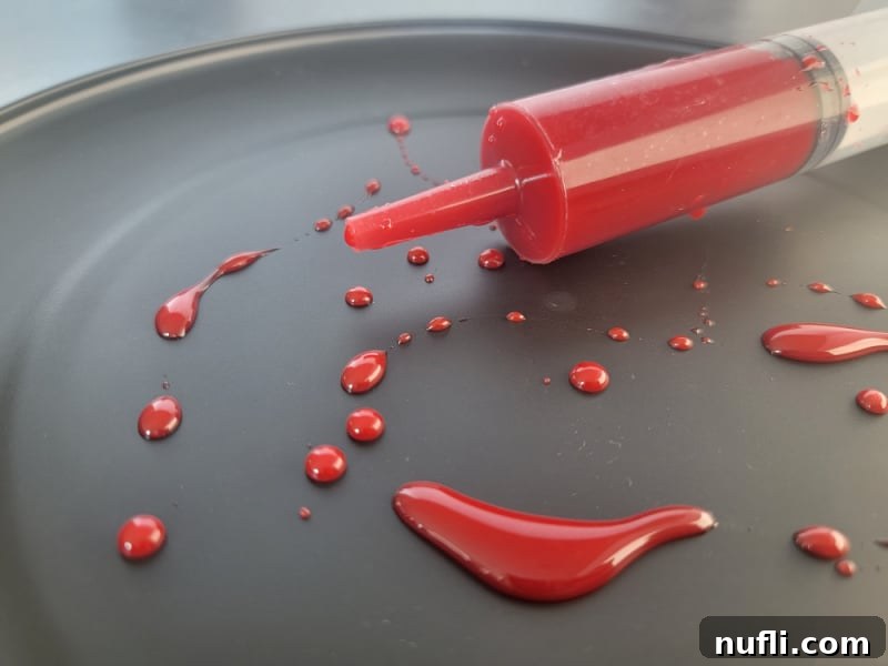 Realistic Edible Blood 5 Edible Blood in a plastic syringe on a black plate with edible blood splatters