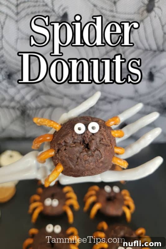 Halloween Spider Donut held by a skeleton hand, ready for a spooky breakfast