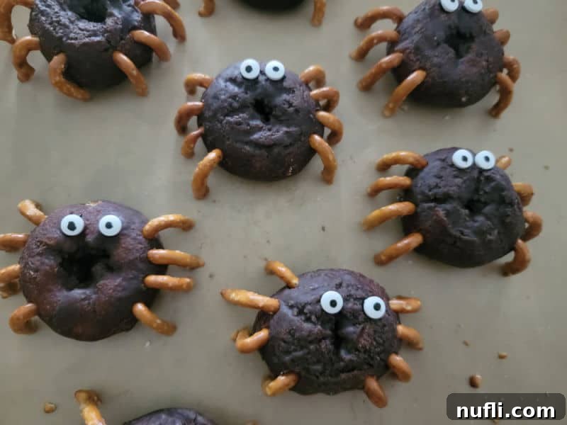 Multiple finished spider donuts displayed neatly on parchment paper
