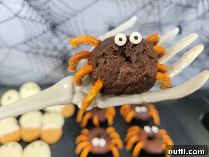 A delicious spider donut held by a skeletal hand, perfect for Halloween fun