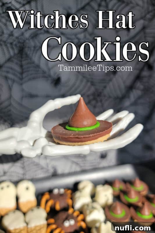 Witches Hat Cookies text over a skeleton hand holding a witch hat cookie with green frosting