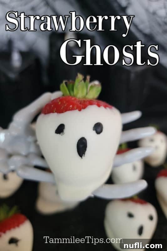 A ghostly white chocolate covered strawberry held by a skeleton hand, with 'strawberry ghosts' text overlay