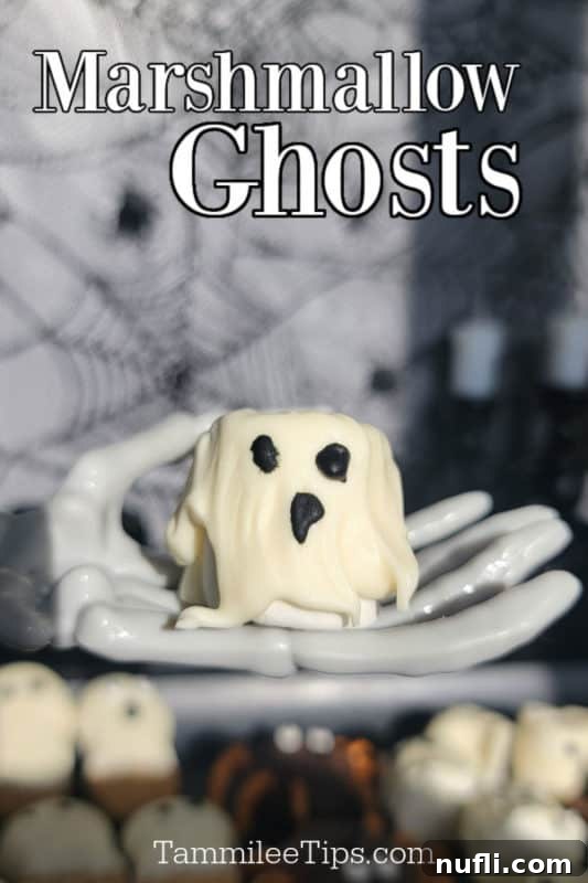 Marshmallow Ghosts text over a skeleton hand holding a marshmallow ghost