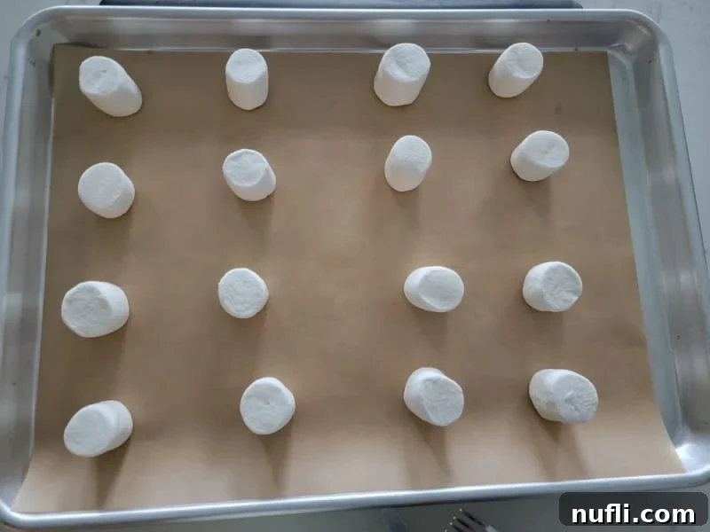 marshmallows spread on a parchment lined baking sheet for marshmallow ghosts