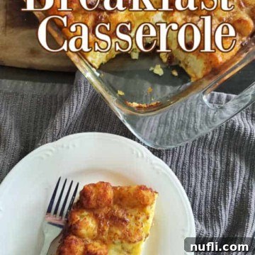 Tater Tot Breakfast Casserole with text overlay on a plate