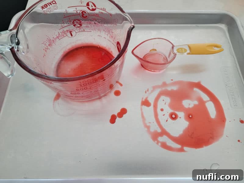 red jello stain on a baking dish with measuring cups for fireball jello shots