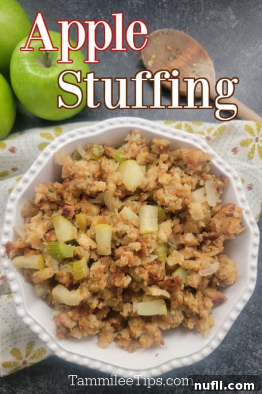 Deliciously Easy Apple Stuffing 2 Apple stuffing text written on the top with a white bowl filled with apple stuffing, 3 apples and a wooden spoon