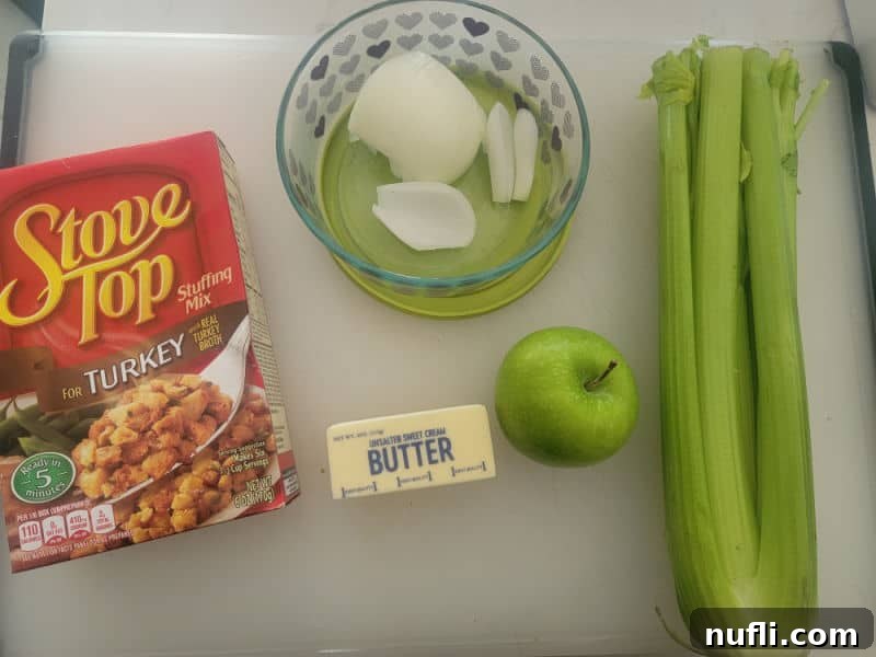 Deliciously Easy Apple Stuffing 3 apple stuffing ingredients, stovetop stuffing, onion, butter, apple, and celery