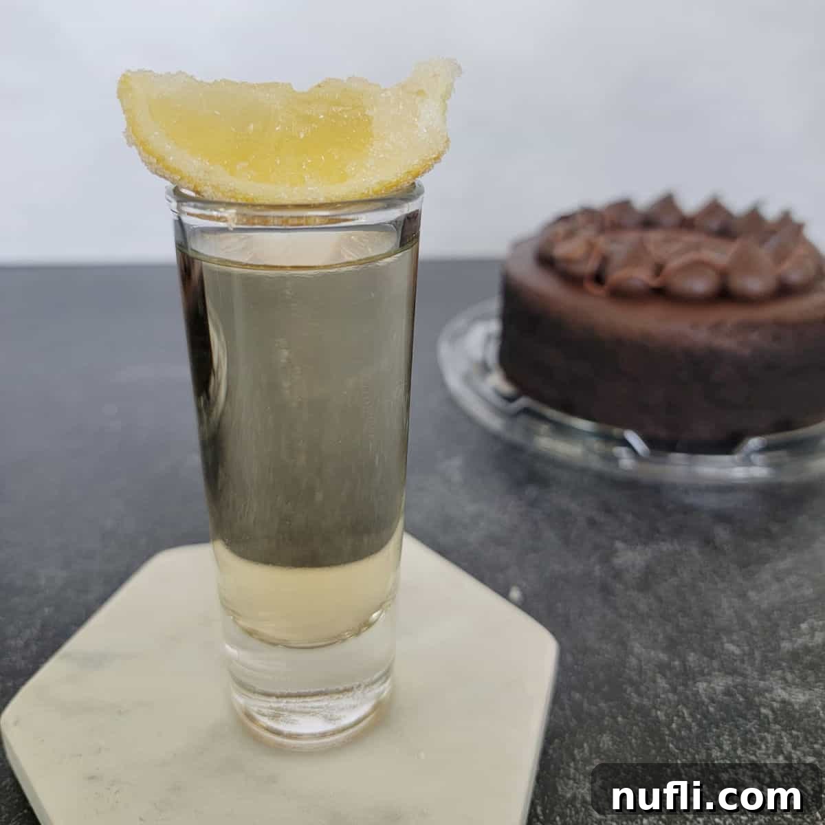 Frangelico Creations 4 Chocolate cake shot with lemon garnish next to a chocolate cake