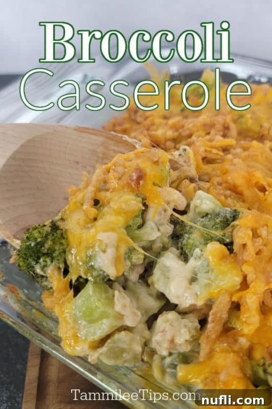 Effortlessly Delicious Broccoli Bake 2 Broccoli Casserole text printed over a wooden spoon scooping cheesy broccoli casserole out of a glass dish.